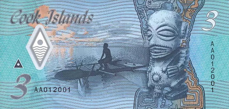 Billet de 3 dollars des Îles Cook en polymère - Nymphe chevauchant le requin 2021