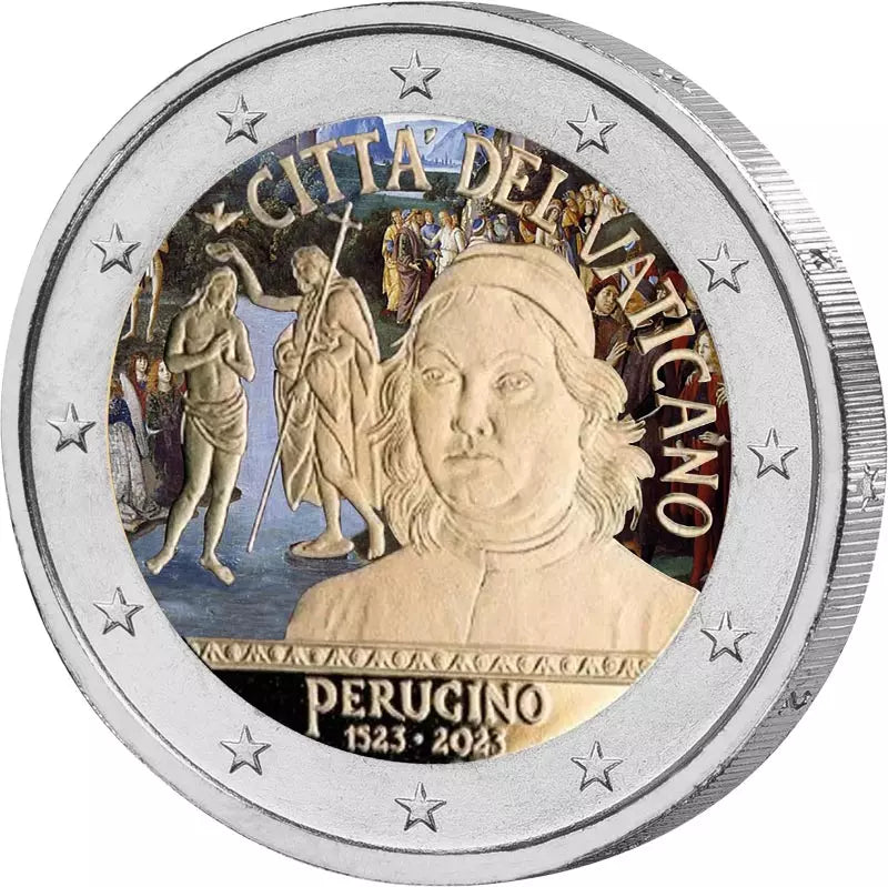 Pièce de 2 euros du Vatican, commémorant le 500e anniversaire de la mort de Pietro Perugino en 2023 (application couleur).