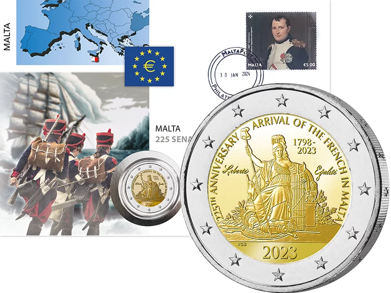 Enveloppe numismatique de 2 euros, Malte, 225e anniversaire de l'arrivée des Français, 2023