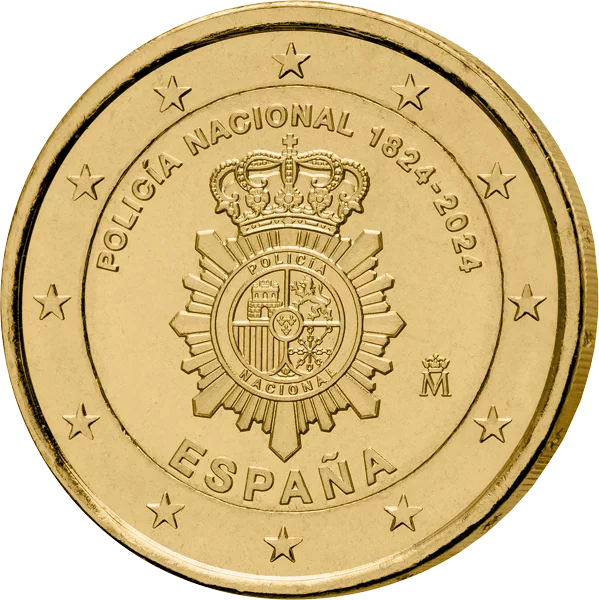 Pièce commémorative de 2 euros, Espagne, 200e anniversaire de la Police nationale, édition premium entièrement plaquée or, 2024