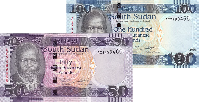 Lot de 2 billets de 50 et 100 livres sterling, Soudan du Sud, John Garang de Mabior, 2019