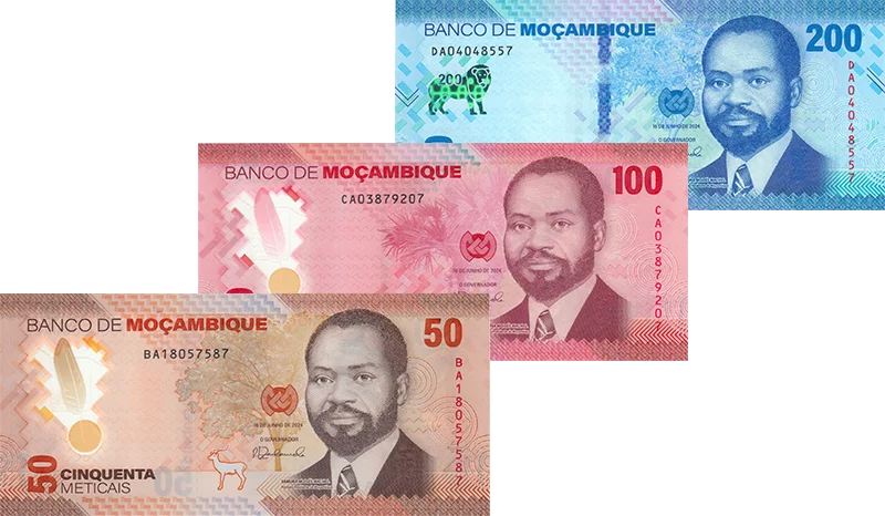 Série de 3 billets de 50, 100 et 200 Meticais Mozambique Samora Moisés Machel 2024