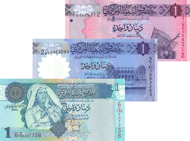 Lot de 3 billets de 1 dinar libyen de 2004, 2013 et 2019