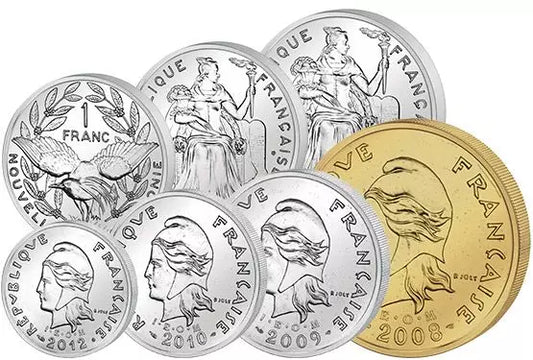 Pièces de monnaie de 1 à 100 francs en circulation en Nouvelle-Calédonie, 1972-2013