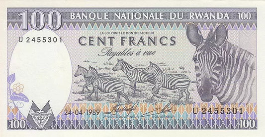 Billet de 100 francs rwandais Zèbre 1989