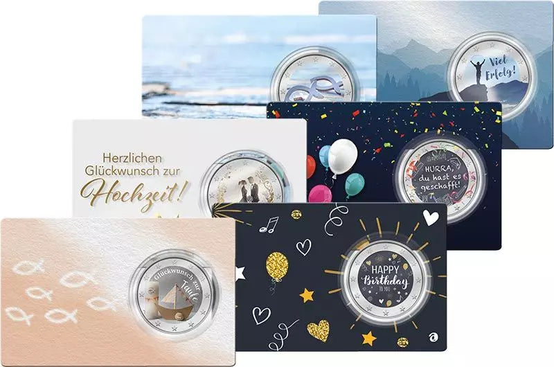 Coffret cadeau de 6 cartes à collectionner de 2 euros, éditions d'artistes, pour diverses occasions.