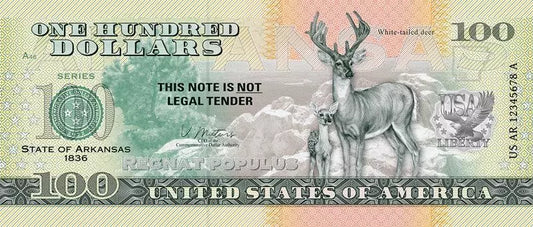 Billet de 100 dollars américains – Arkansas – Cerf de Virginie – 2022