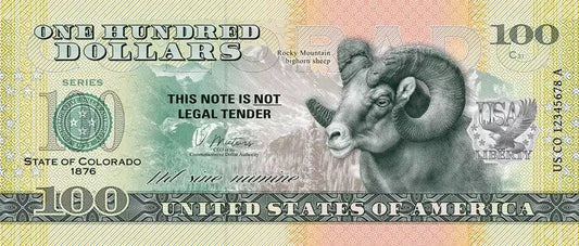 Billet de 100 dollars américains – État du Colorado – Mouflon d'Amérique des montagnes Rocheuses – 2022