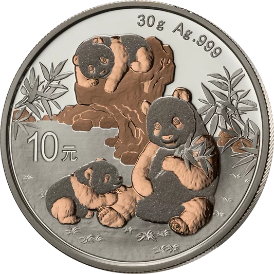 Pièce de 10 yuans représentant le Panda de Chine (édition 2025) avec application d'or et de pierres précieuses