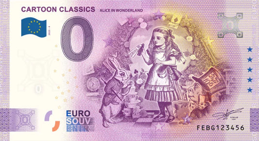 Billet de 0 euro de Malte - Classiques de la bande dessinée - Alice au pays des merveilles 2025
