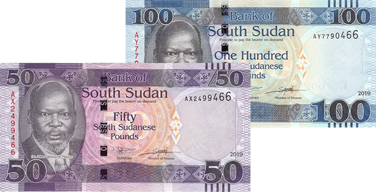 Lot de 2 billets de 50 et 100 livres sterling, Soudan du Sud, John Garang de Mabior, 2019