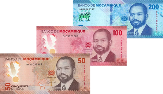 Série de 3 billets de 50, 100 et 200 Meticais Mozambique Samora Moisés Machel 2024
