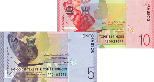 Lot de 2 billets de 5 + 10 Dobras de Sao Tomé-et-Principe 2020