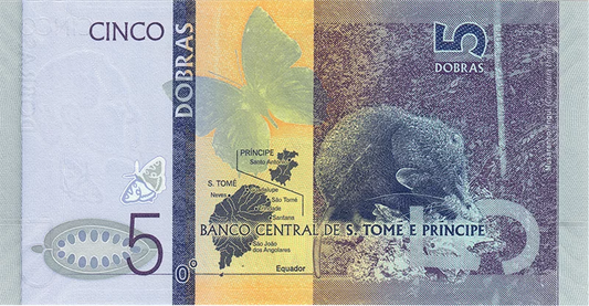 Lot de 2 billets de 5 + 10 Dobras de Sao Tomé-et-Principe 2020