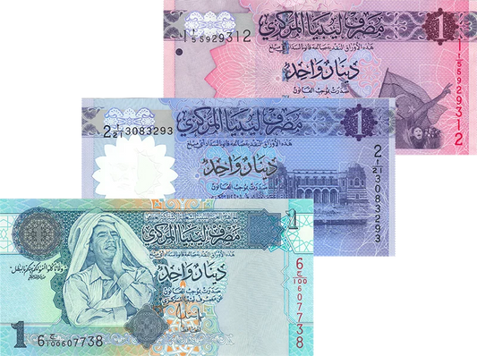 Lot de 3 billets de 1 dinar libyen de 2004, 2013 et 2019