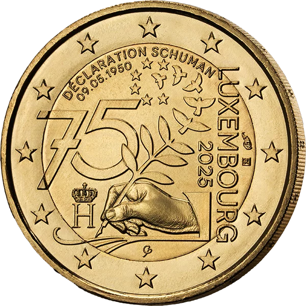 Pièce commémorative luxembourgeoise de 2 euros marquant le 75e anniversaire de la Déclaration Schumann, 2025, en édition premium entièrement plaquée or