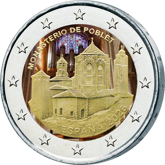 Monastère de Poblet, 2 euros, Espagne, patrimoine mondial de l'UNESCO, 2026, avec application couleur
