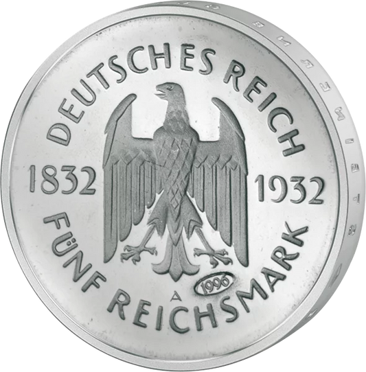Pièce de 5 marks de la République de Weimar, commémorant le centenaire de la mort de Goethe (1932), réédition